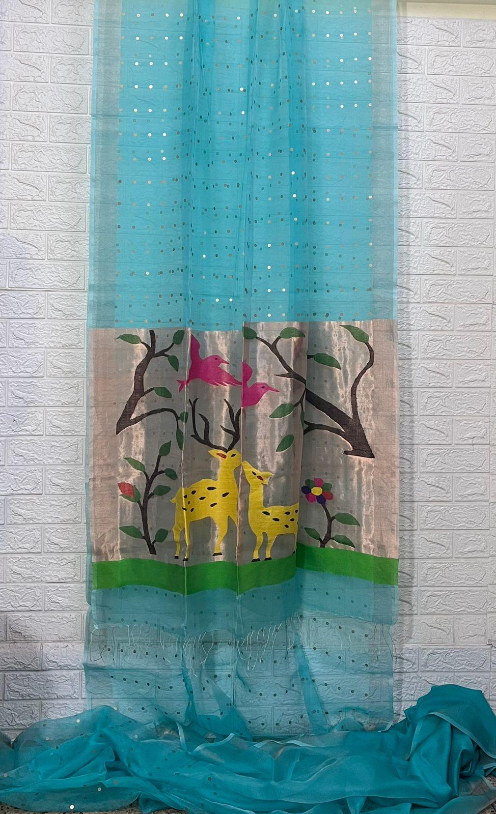 Firoza With Deer pallu sequins paithani Handwoven jamdani saree - Tamal Boutique