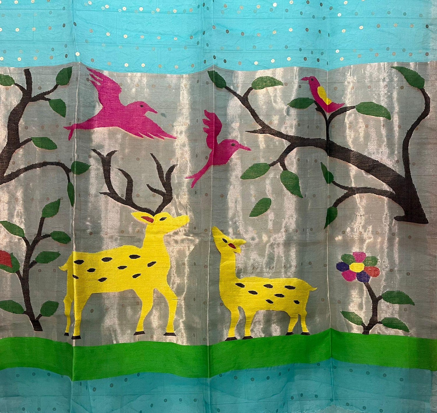 Firoza With Deer pallu sequins paithani Handwoven jamdani saree - Tamal Boutique