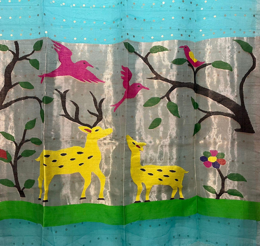 Firoza With Deer pallu sequins paithani Handwoven jamdani saree - Tamal Boutique