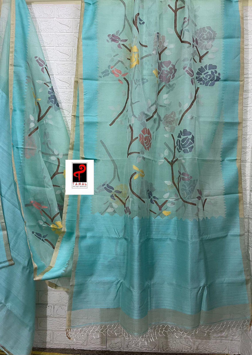 Firoza with multi colour allover rose motifs muslin silk handwoven jamdani saree - Tamal Boutique