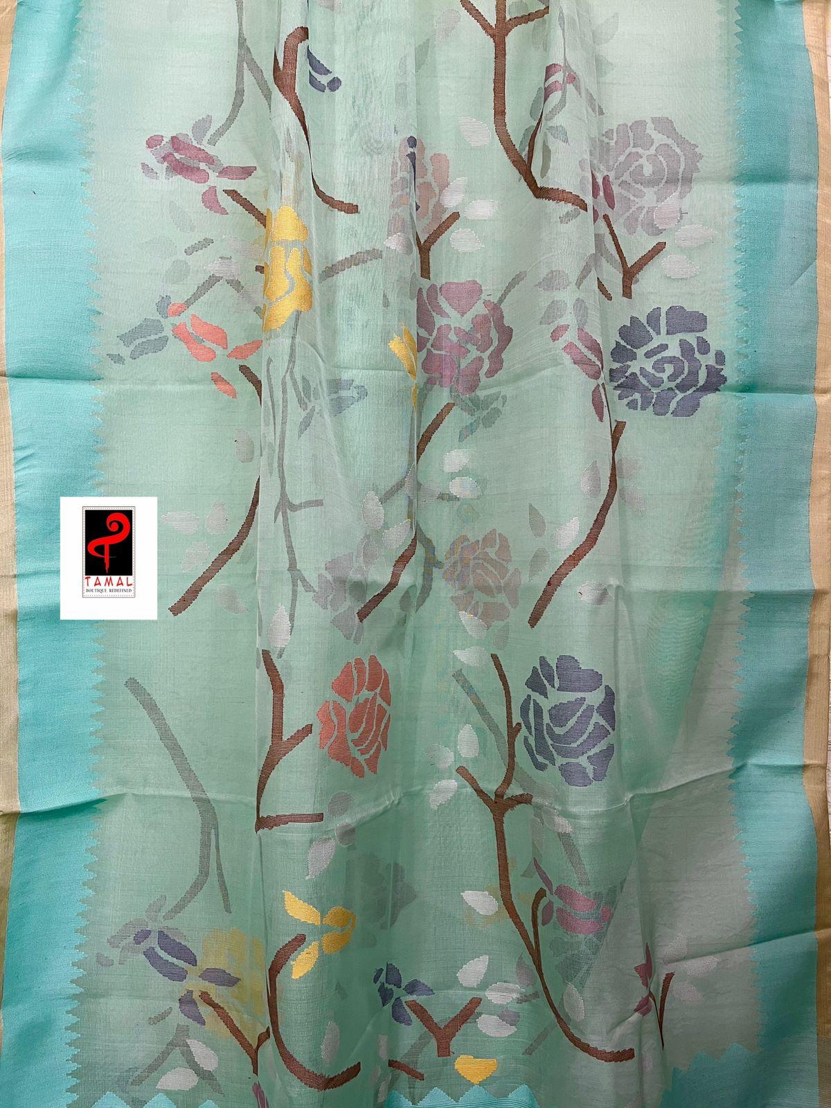 Firoza with multi colour allover rose motifs muslin silk handwoven jamdani saree - Tamal Boutique
