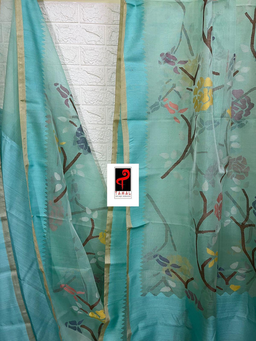 Firoza with multi colour allover rose motifs muslin silk handwoven jamdani saree - Tamal Boutique