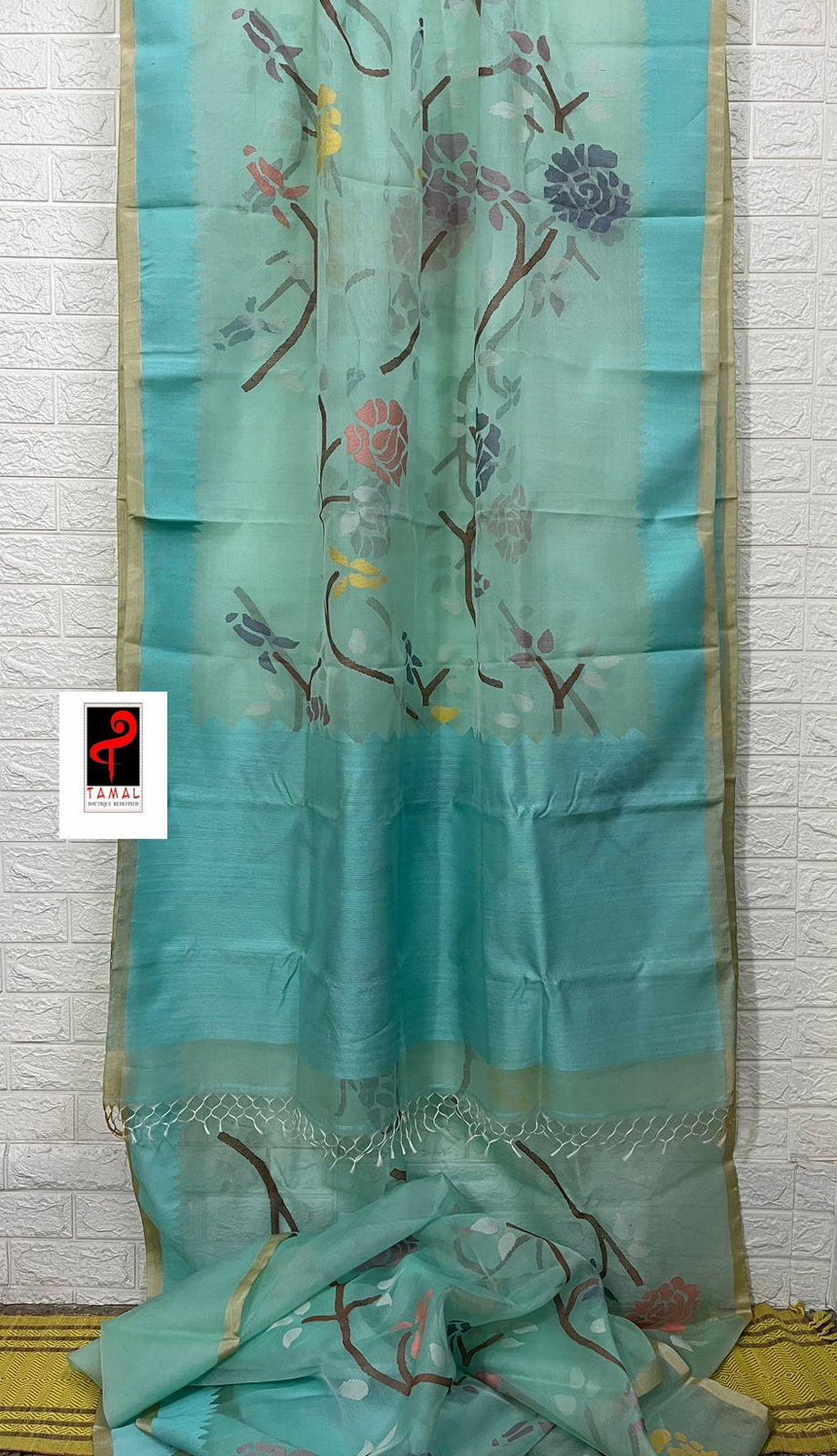 Firoza with multi colour allover rose motifs muslin silk handwoven jamdani saree - Tamal Boutique