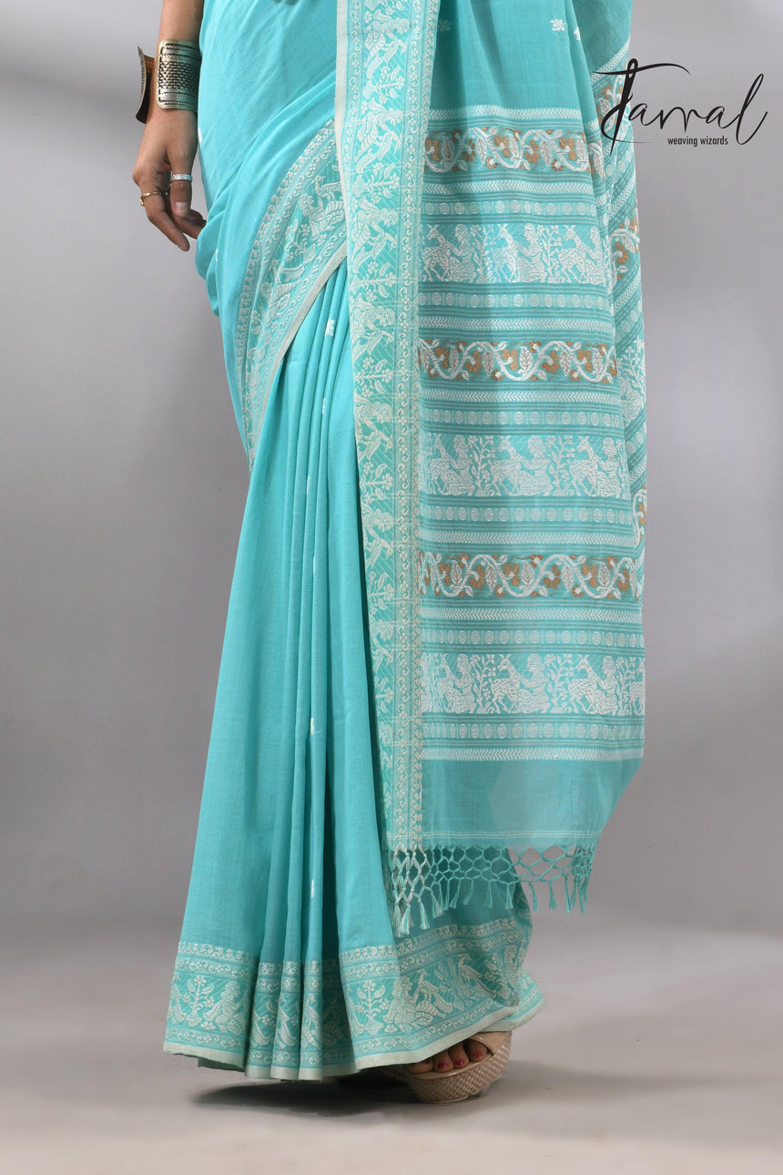 Firoza colour baluchuri design pure cotton handloom saree