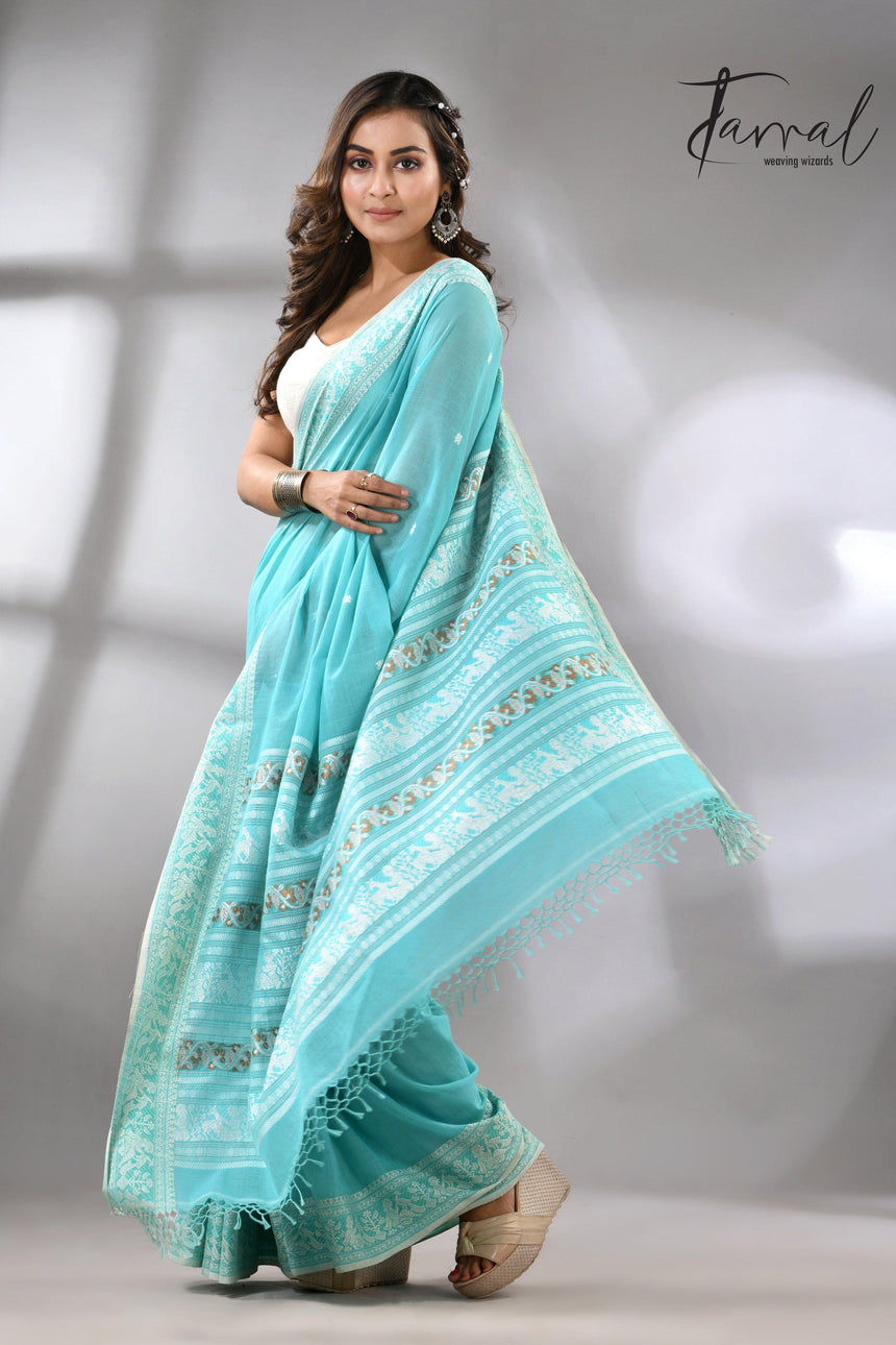 Firoza colour baluchuri design pure cotton handloom saree