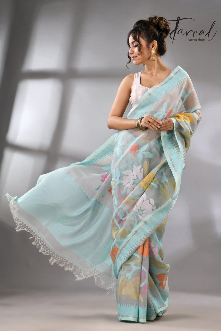 Firoza with light smoke gray and multi colour allover floral handwoven muslin silk jamdani saree - Tamal Boutique