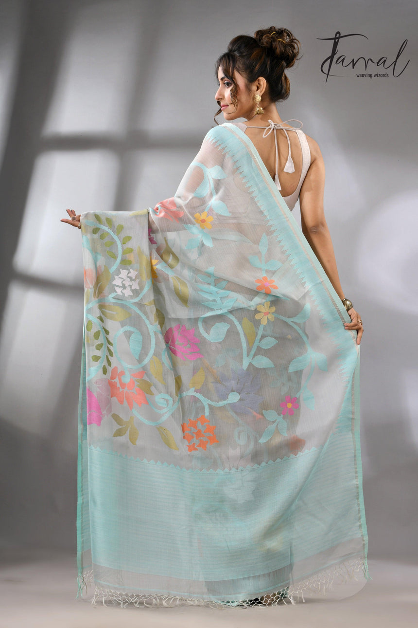 Firoza with light smoke gray and multi colour allover floral handwoven muslin silk jamdani saree - Tamal Boutique