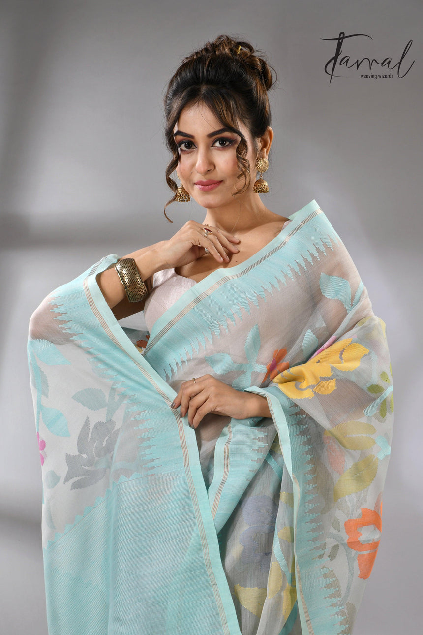 Firoza with light smoke gray and multi colour allover floral handwoven muslin silk jamdani saree - Tamal Boutique