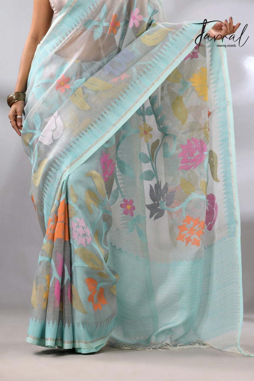 Firoza with light smoke gray and multi colour allover floral handwoven muslin silk jamdani saree - Tamal Boutique