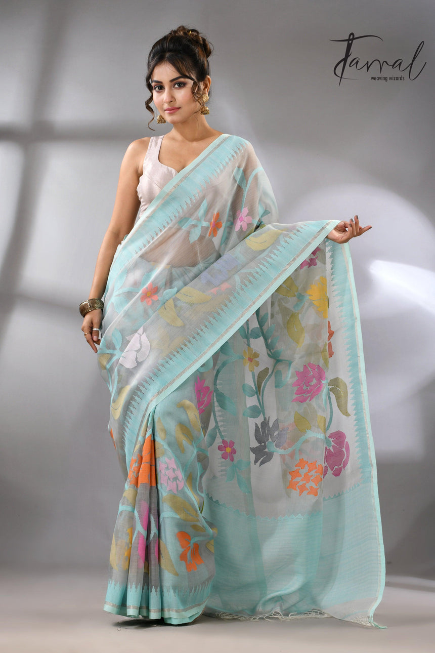 Firoza with light smoke gray and multi colour allover floral handwoven muslin silk jamdani saree - Tamal Boutique