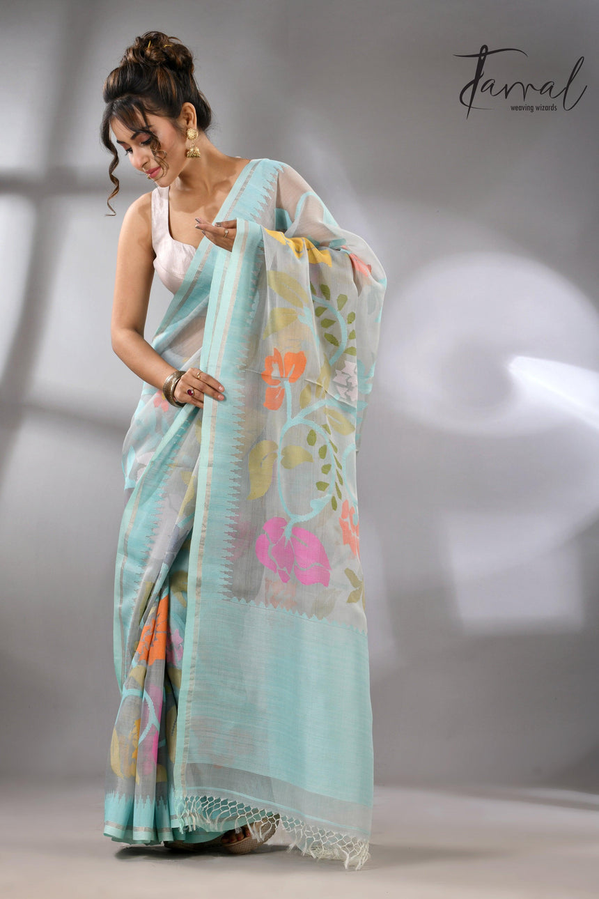 Firoza with light smoke gray and multi colour allover floral handwoven muslin silk jamdani saree - Tamal Boutique