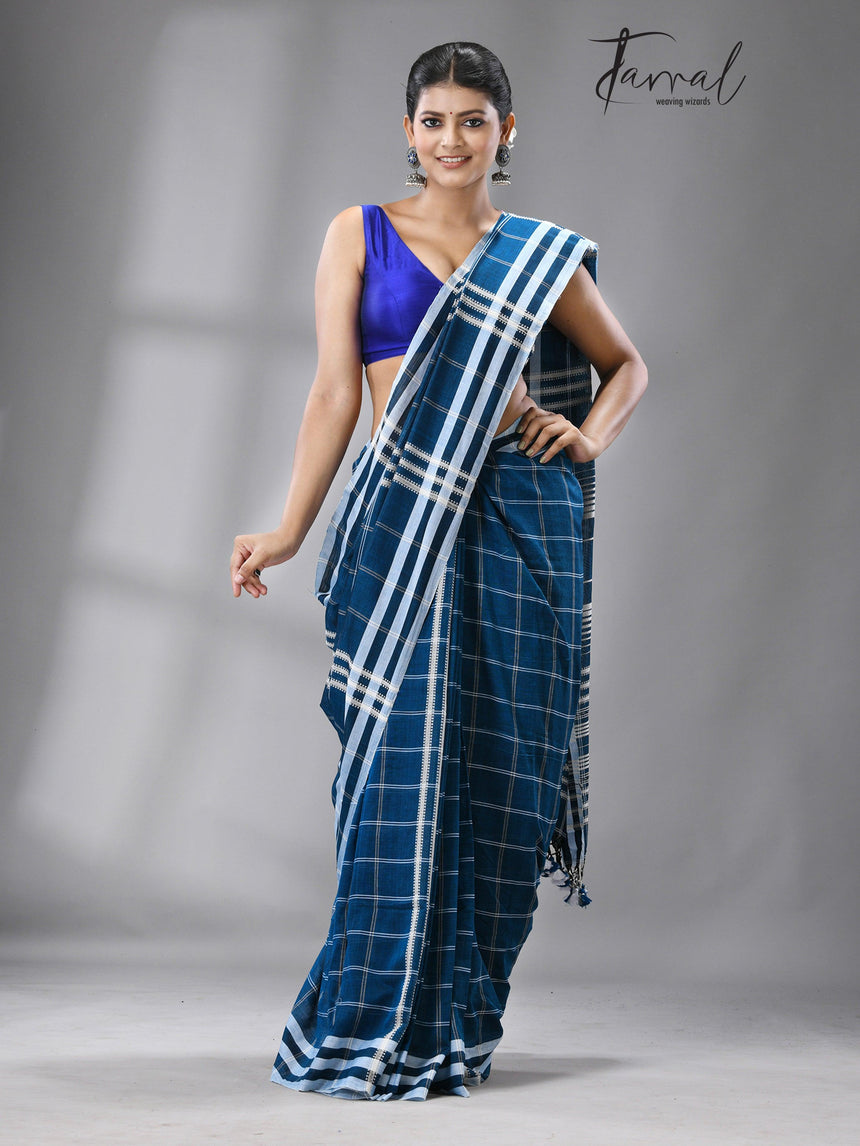 Firoza with white border check bhujoudi cotton handloom saree