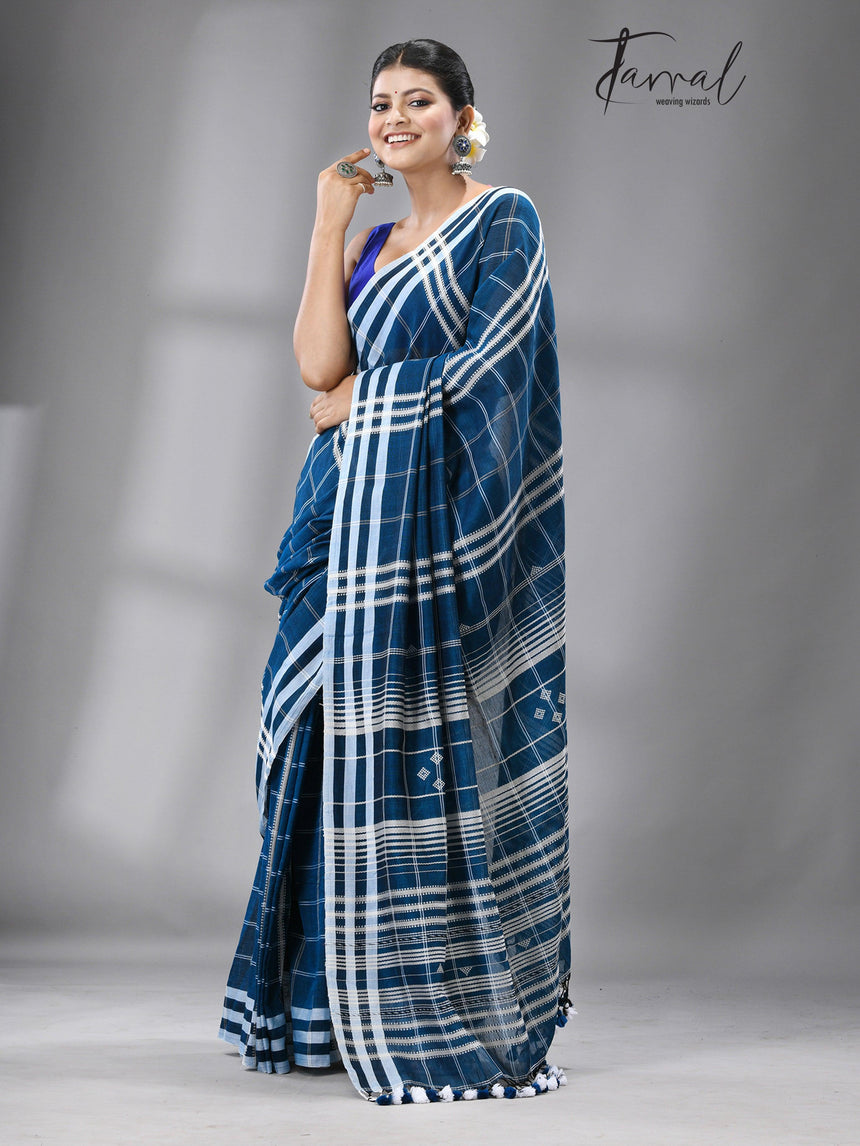 Firoza with white border check bhujoudi cotton handloom saree