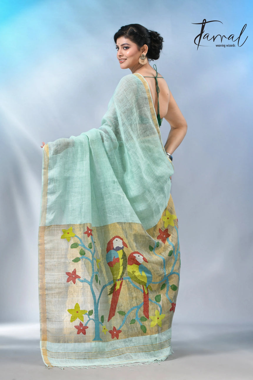 Firoza with zari border in paithani pallu linen jamdani saree