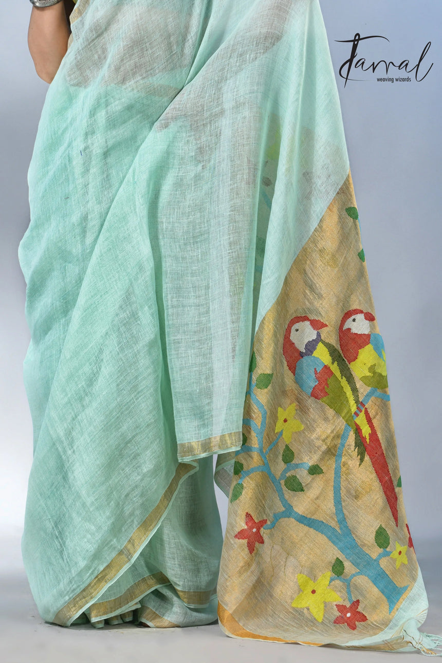 Firoza with zari border in paithani pallu linen jamdani saree