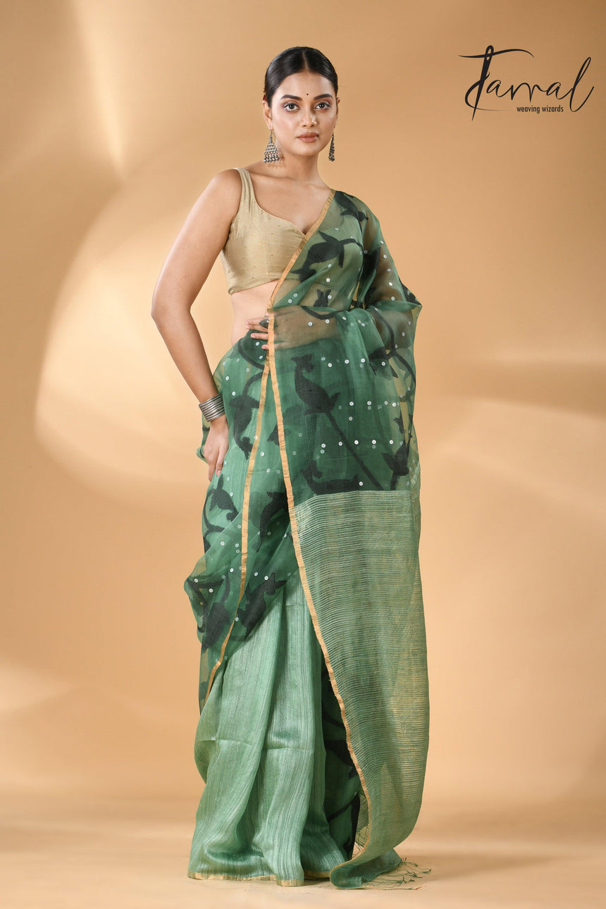 Forest Green Zari Border Muslin With Matka Silk Handwoven Jamdani Saree full4