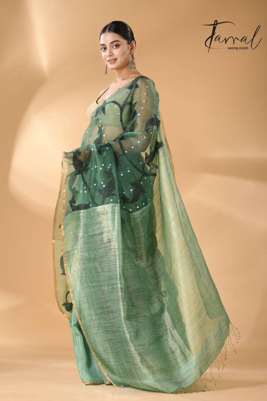 Forest Green Zari Border Muslin With Matka Silk Handwoven Jamdani Saree left3