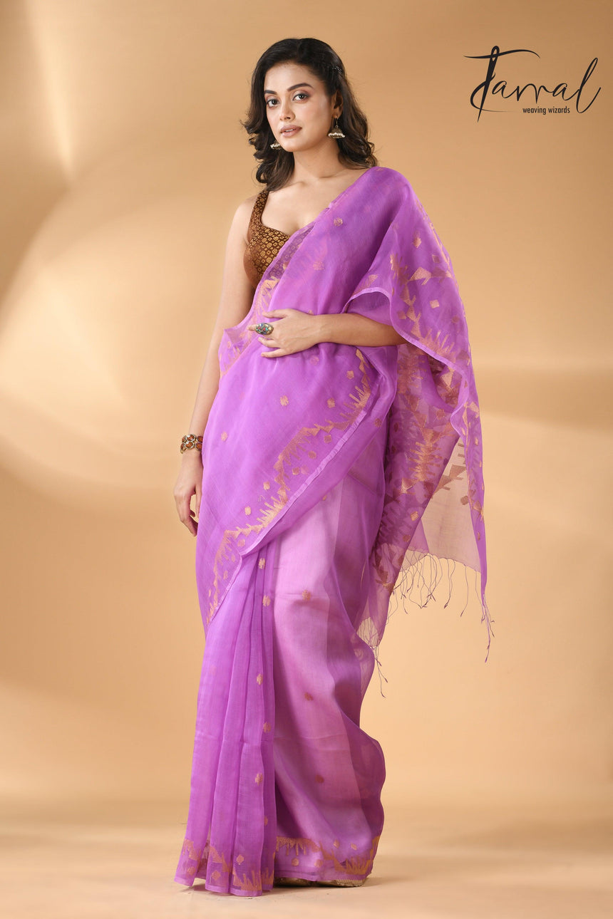 Fuchsia Pink Handwoven Needlework Jamdani Saree Golden Zari