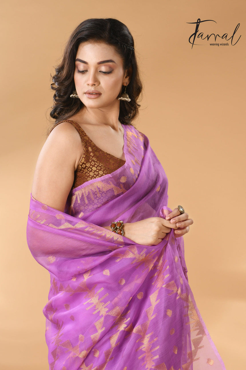 Fuchsia Pink Handwoven Needlework Jamdani Saree Golden Zari CLS