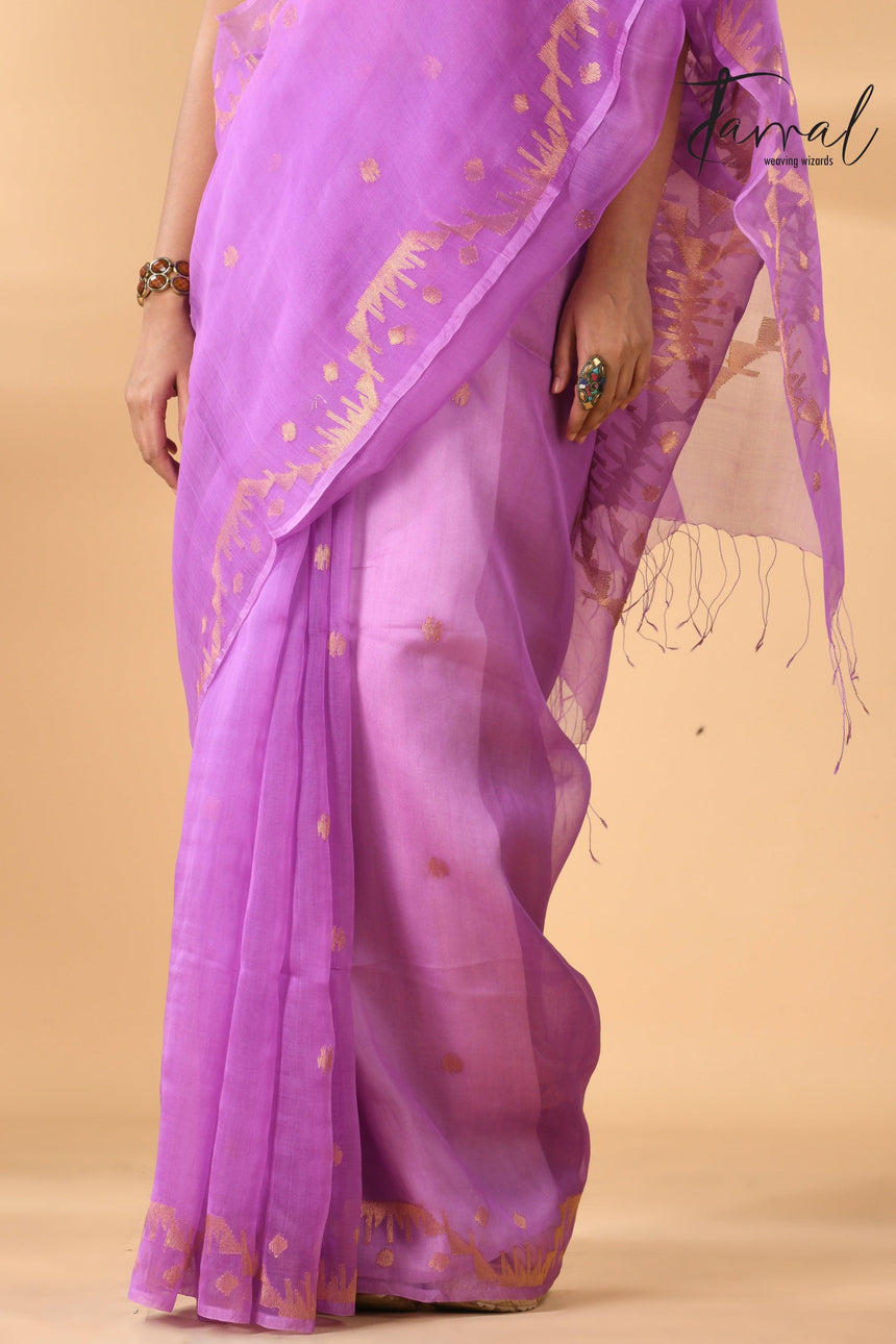 Fuchsia Pink Handwoven Needlework Jamdani Saree Golden Zari bottom