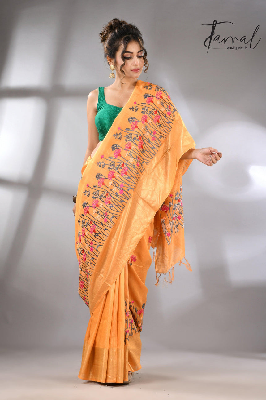 Golden Yellow Bhagolpuri Tussar Silk Saree with Embroidery