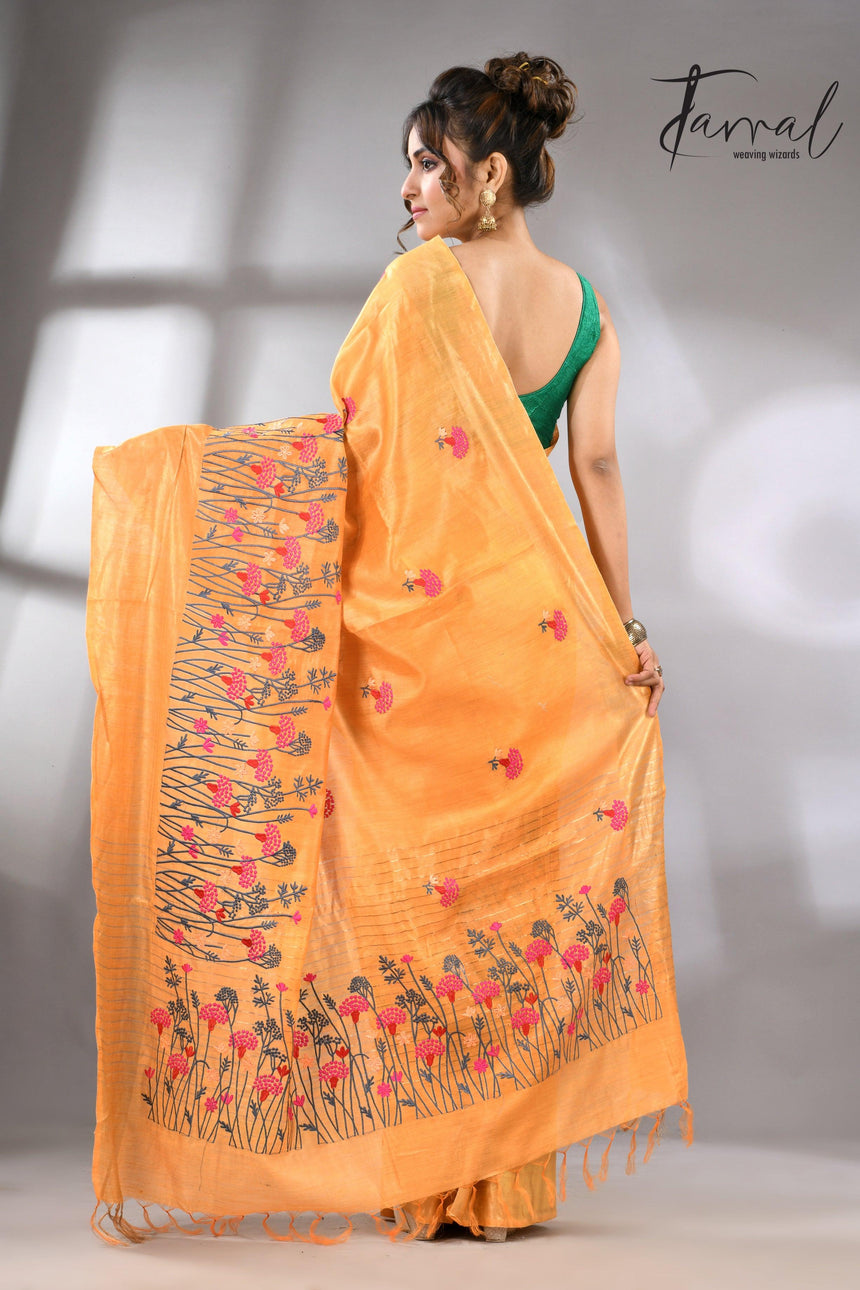 Golden Yellow Bhagolpuri Tussar Silk Saree with Embroidery back