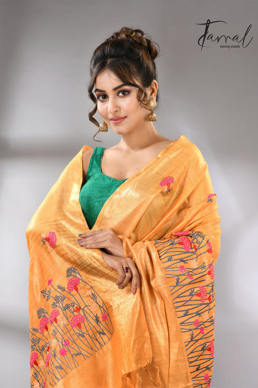 Golden Yellow Bhagolpuri Tussar Silk Saree with Embroidery cls