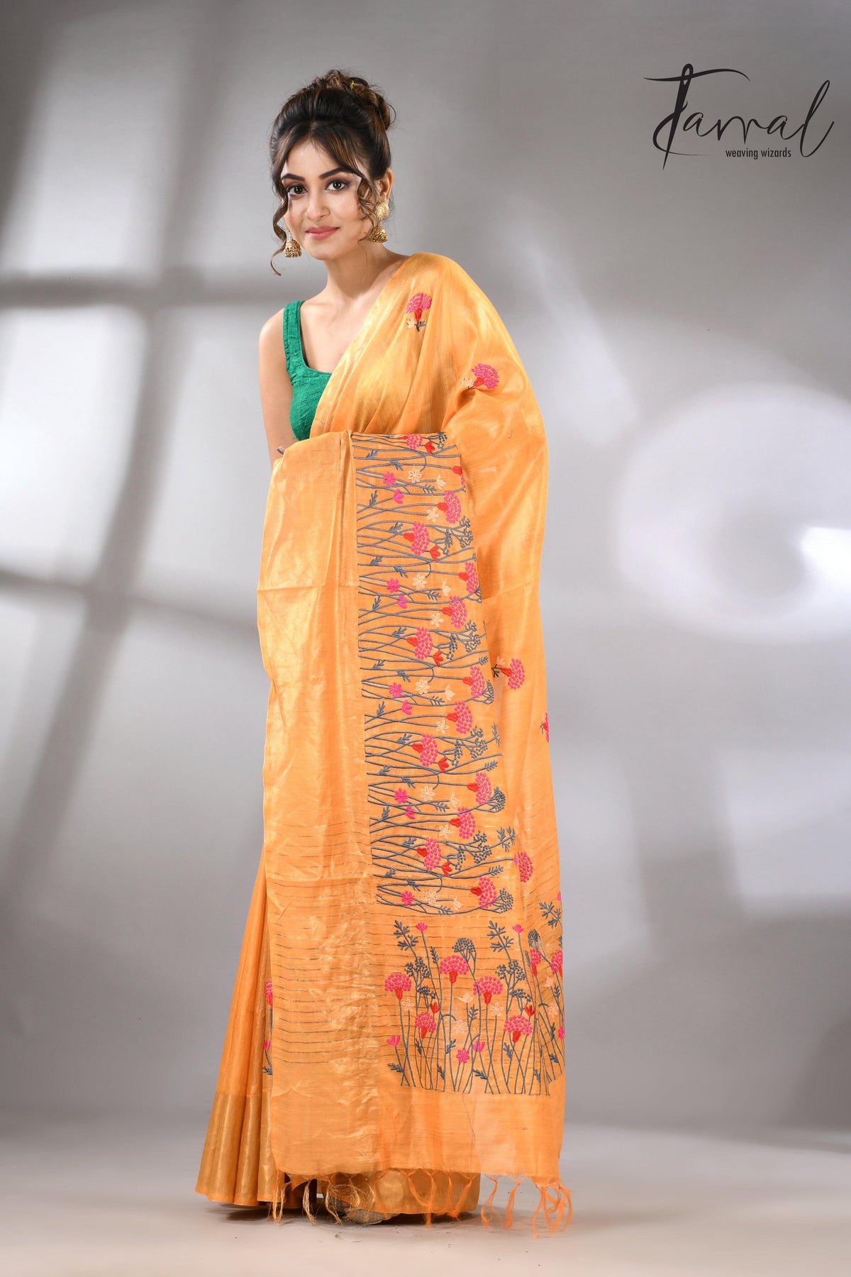 Golden Yellow Bhagolpuri Tussar Silk Saree with Embroidery full