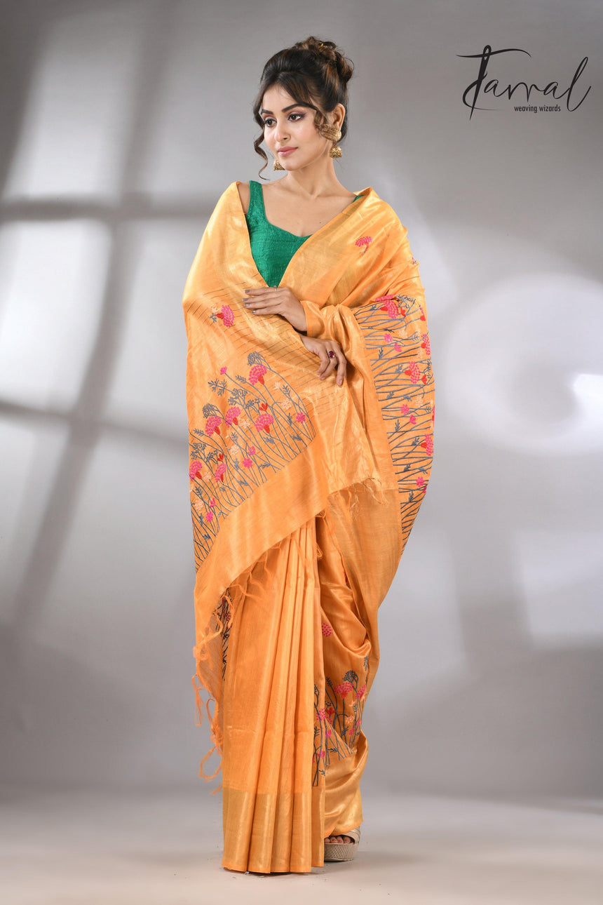 Golden Yellow Bhagolpuri Tussar Silk Saree with Embroidery full3