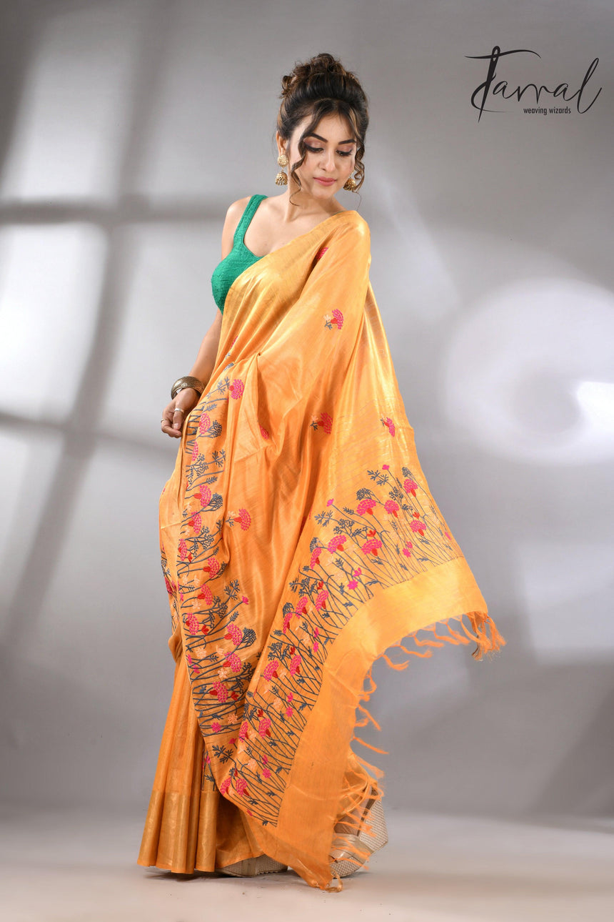 Golden Yellow Bhagolpuri Tussar Silk Saree with Embroidery full4