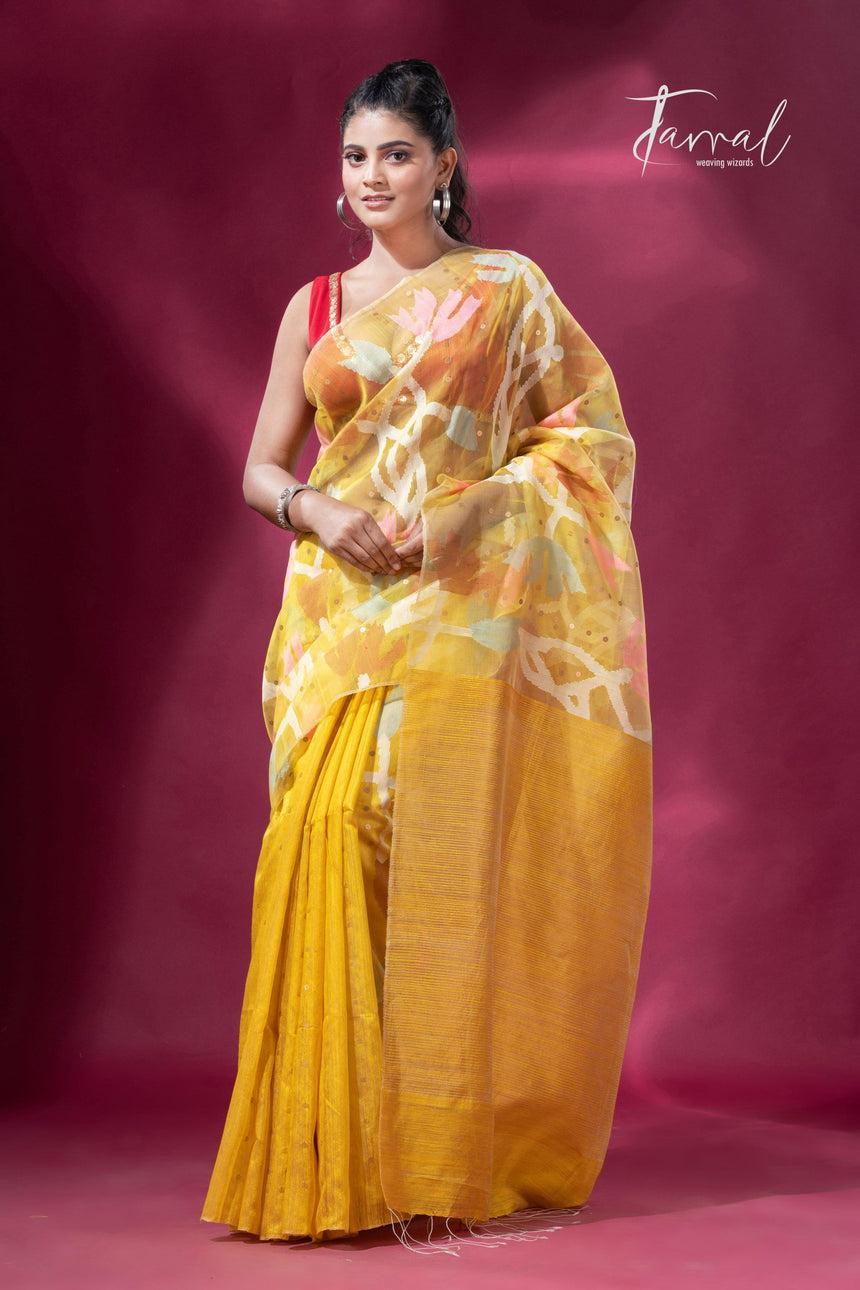 Golden Yellow half muslin & matka silk handwoven jamdani sequins saree