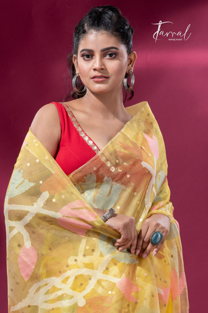 Golden Yellow half muslin & matka silk handwoven jamdani sequins saree2