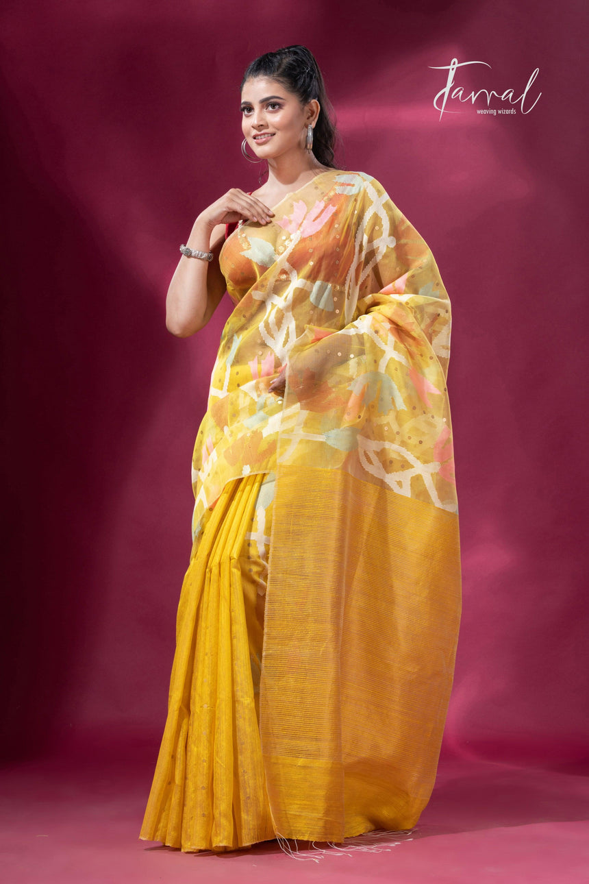 Golden Yellow half muslin & matka silk handwoven jamdani sequins saree3