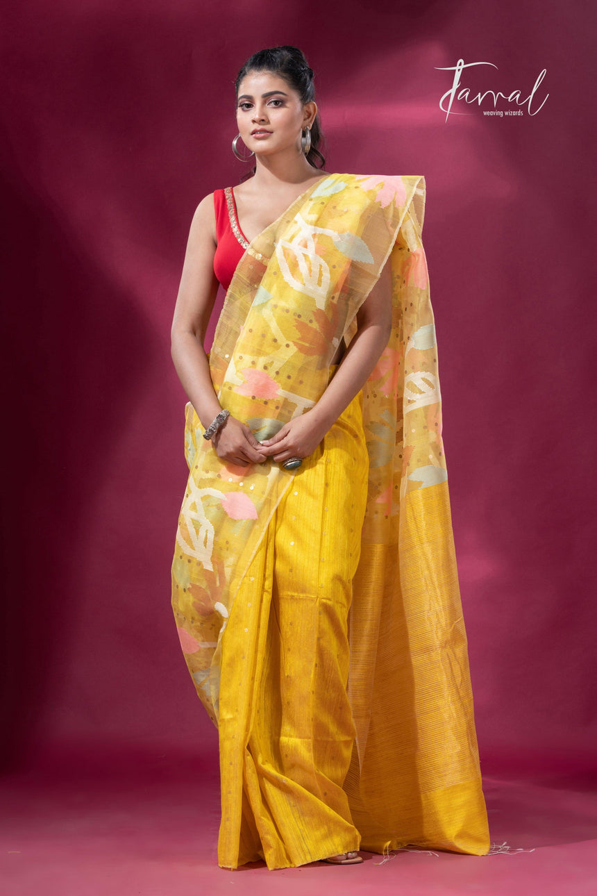 Golden Yellow half muslin & matka silk handwoven jamdani sequins saree4