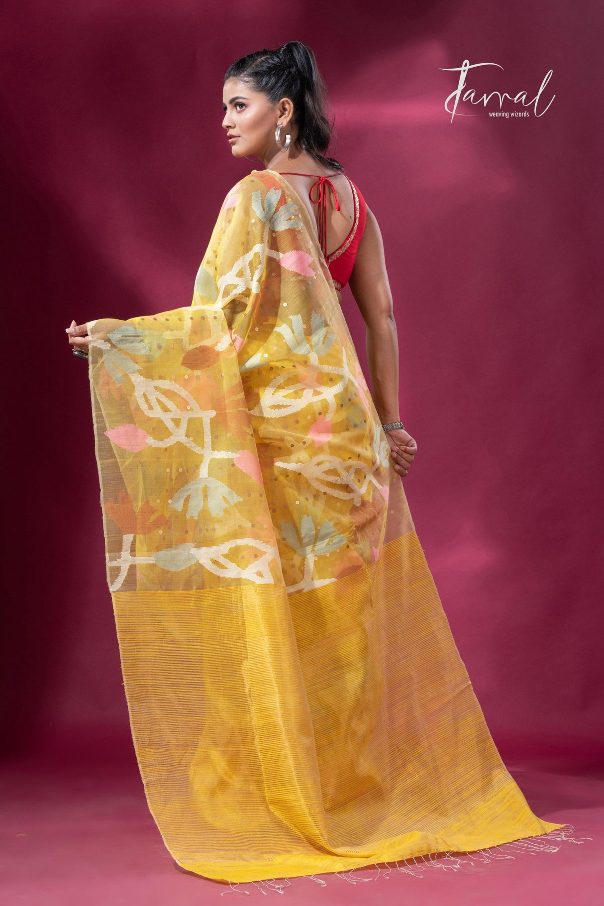 Golden Yellow half muslin & matka silk handwoven jamdani sequins saree back
