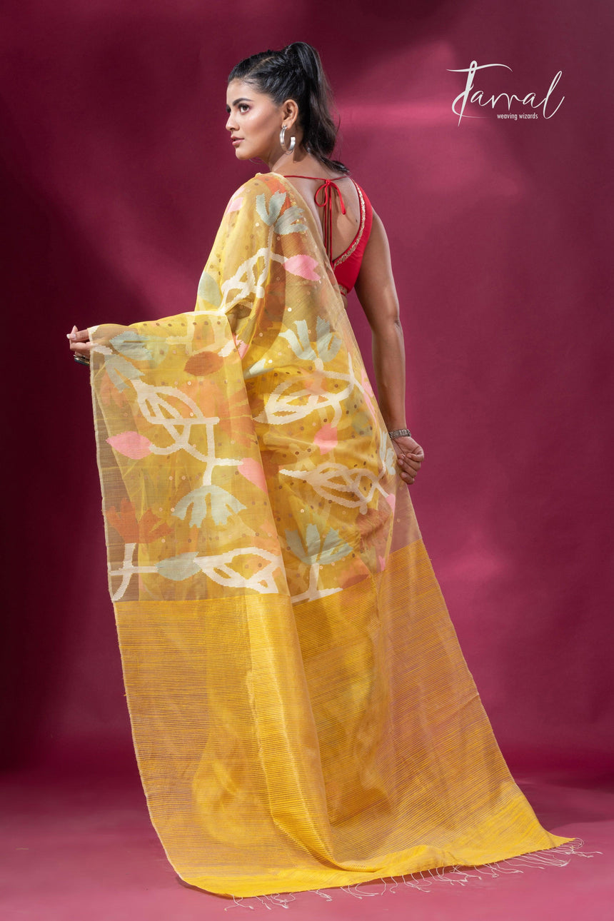Golden Yellow half muslin & matka silk handwoven jamdani sequins saree back