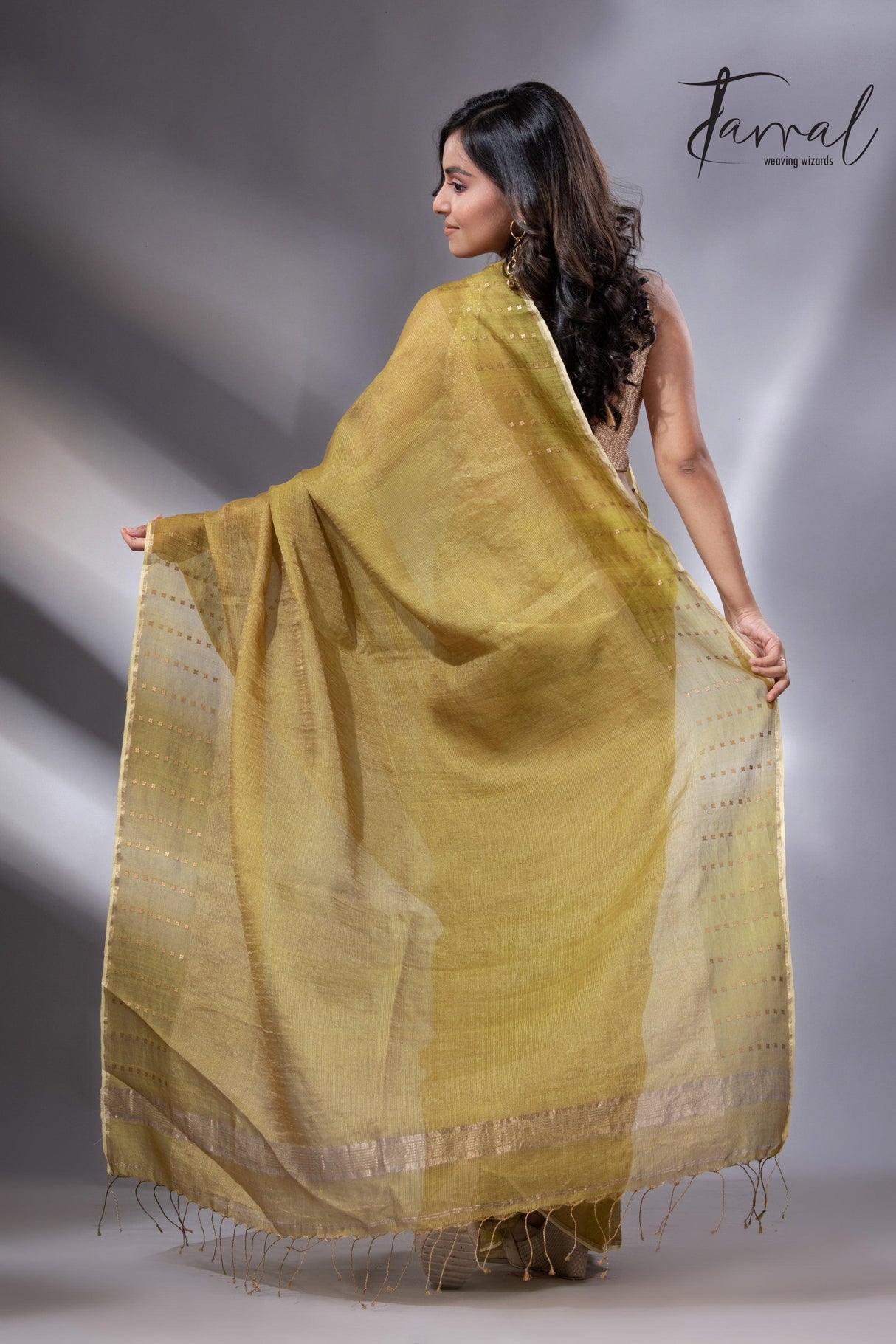 Golden Yellow sequins border noil tusser zari silk handloom saree - Tamal Boutique