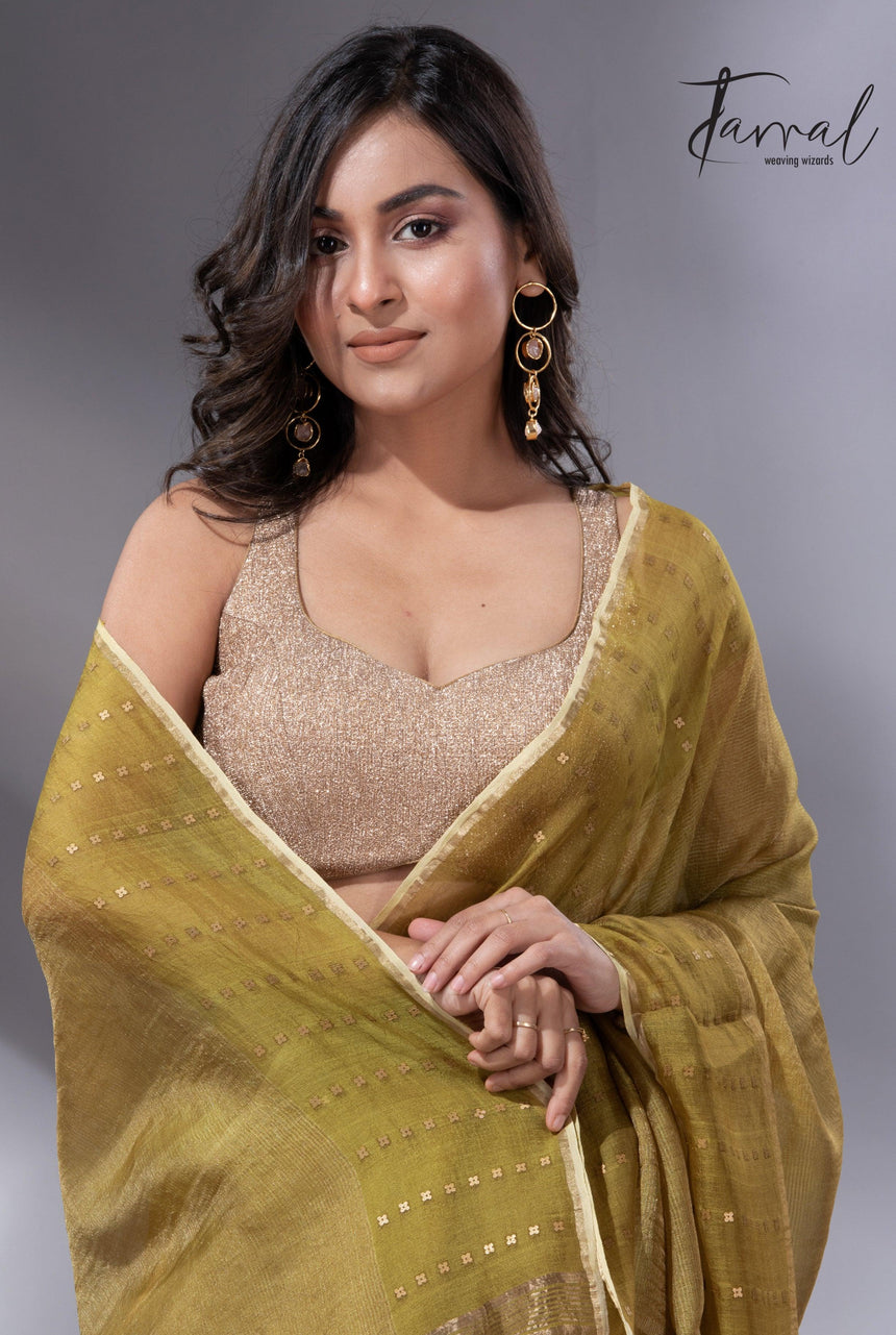 Golden Yellow sequins border noil tusser zari silk handloom saree - Tamal Boutique