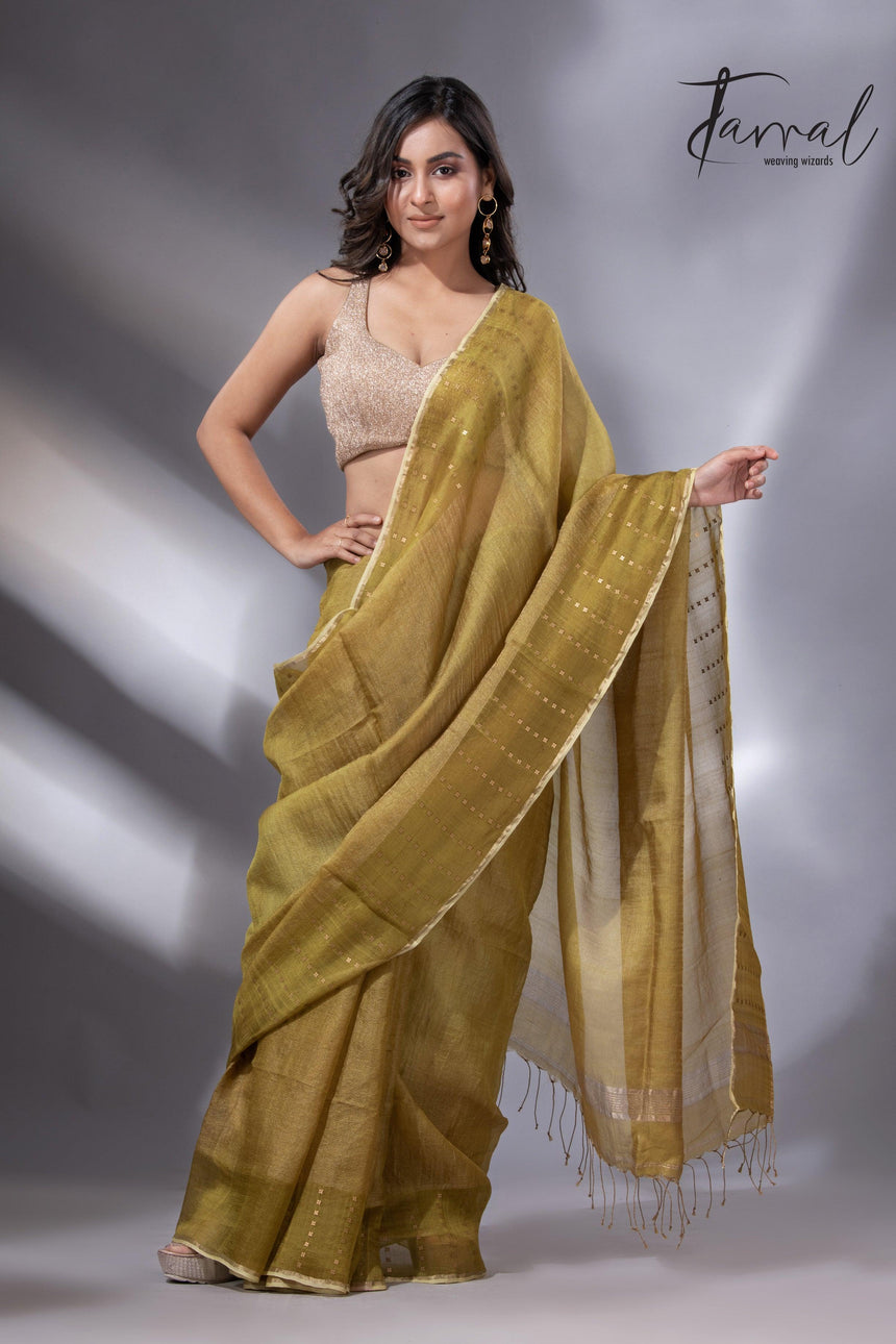 Golden Yellow sequins border noil tusser zari silk handloom saree - Tamal Boutique