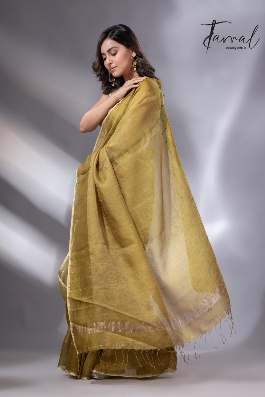 Golden Yellow sequins border noil tusser zari silk handloom saree - Tamal Boutique