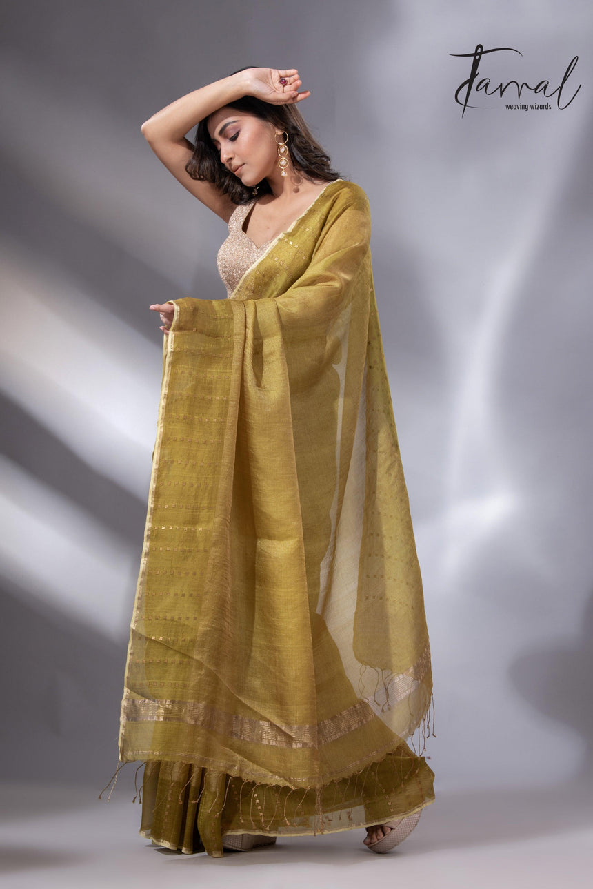 Golden Yellow sequins border noil tusser zari silk handloom saree - Tamal Boutique