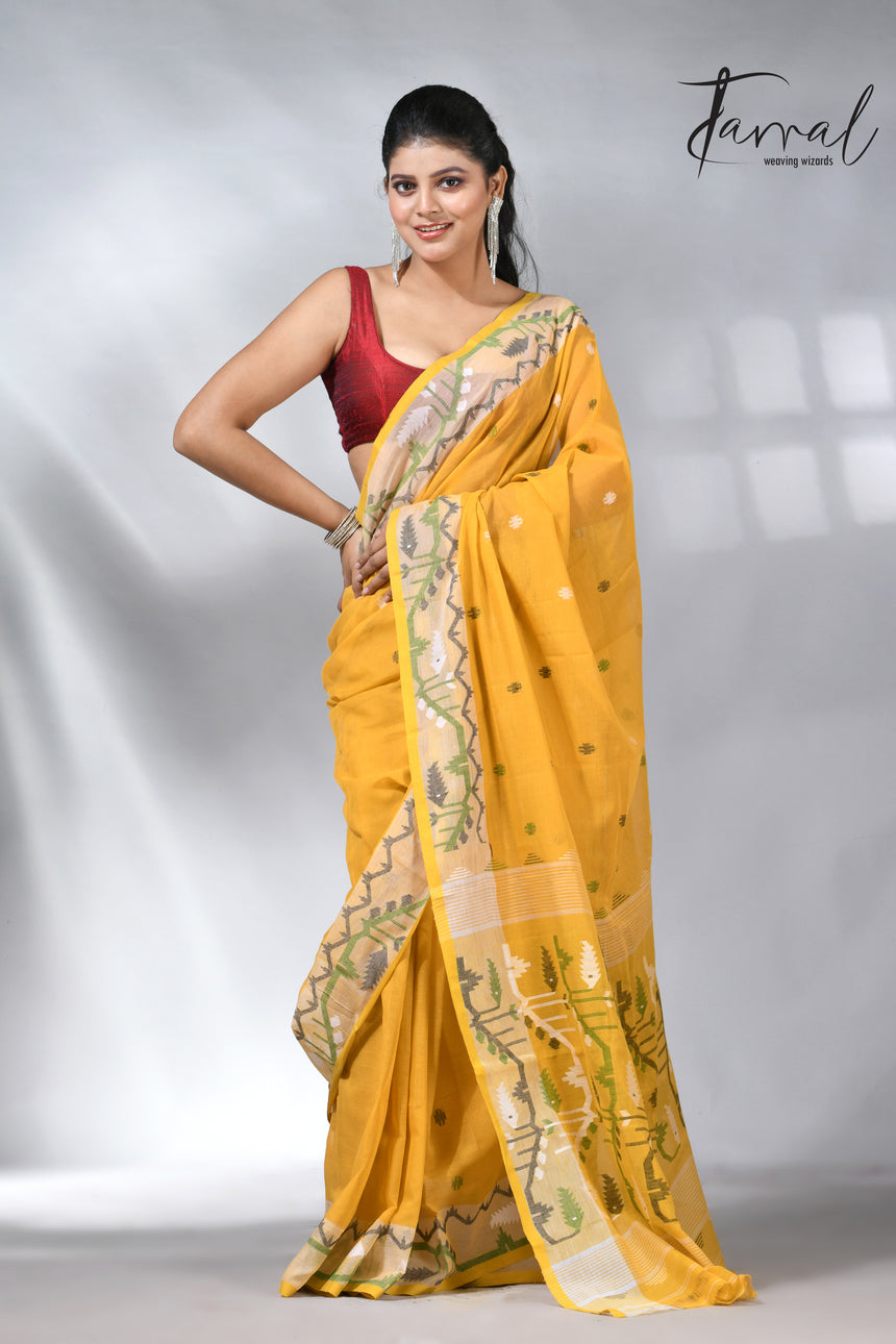 Golden Yellow with border design cotton handwoven jamdani saree