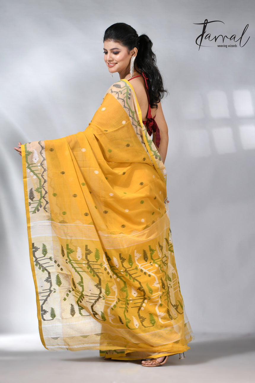 Golden Yellow with border design cotton handwoven jamdani saree
