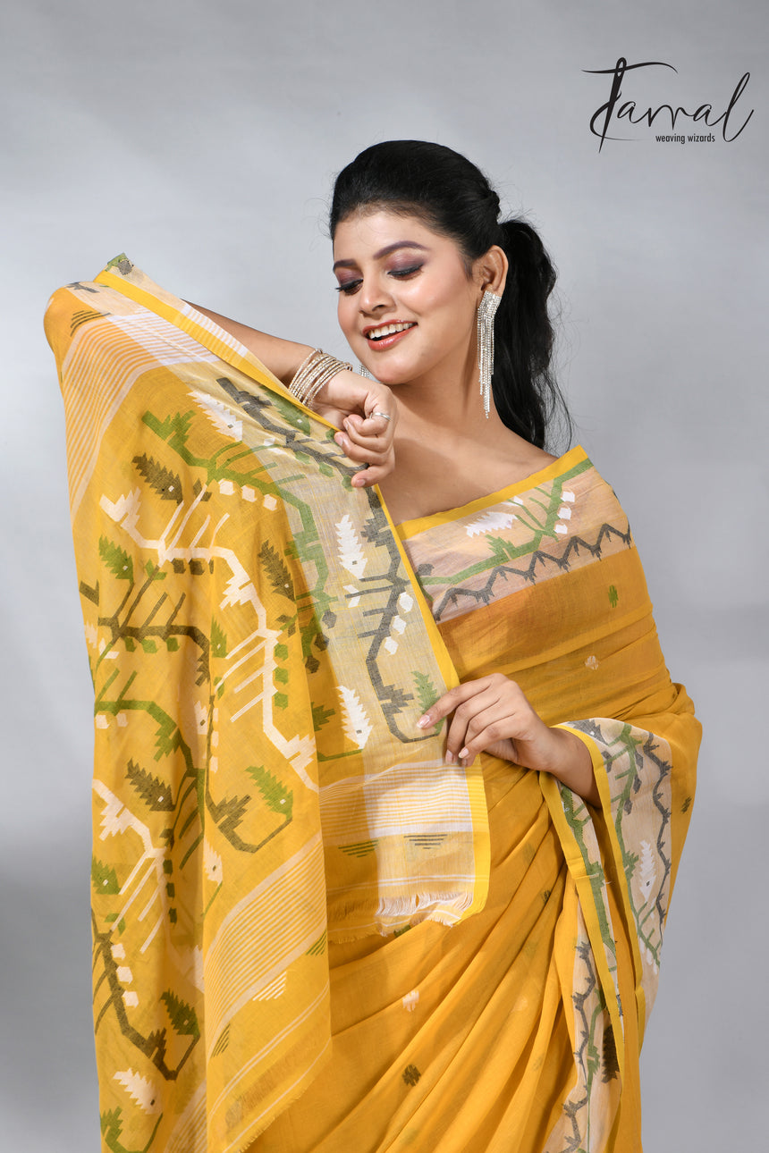 Golden Yellow with border design cotton handwoven jamdani saree