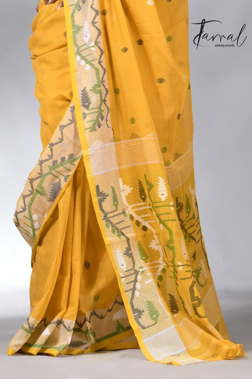 Golden Yellow with border design cotton handwoven jamdani saree
