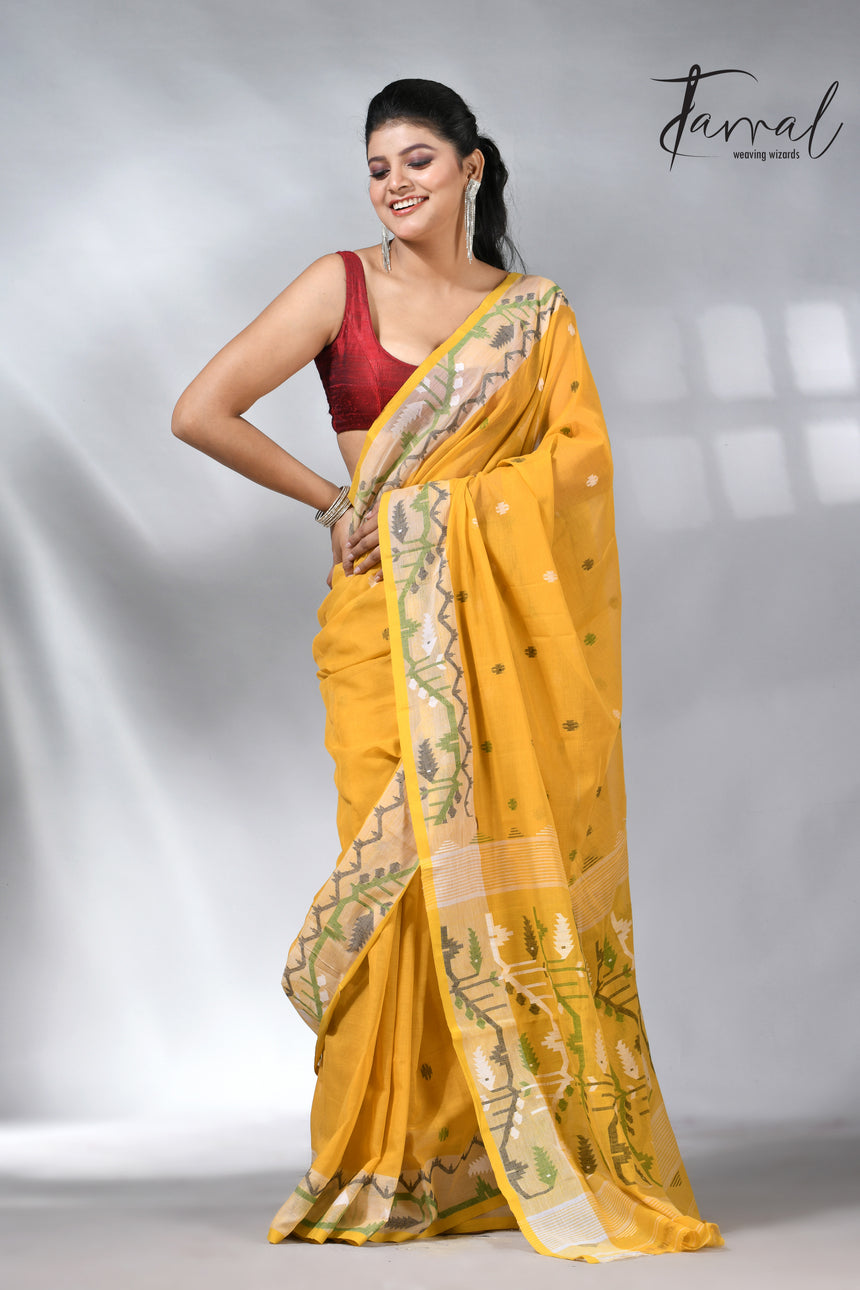 Golden Yellow with border design cotton handwoven jamdani saree