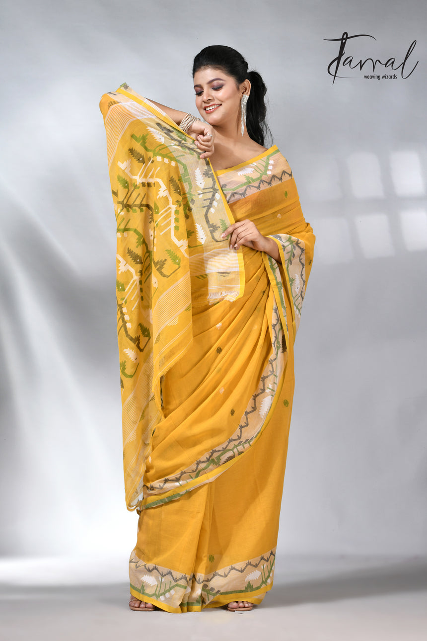 Golden Yellow with border design cotton handwoven jamdani saree