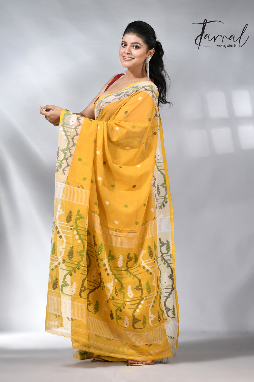 Golden Yellow with border design cotton handwoven jamdani saree