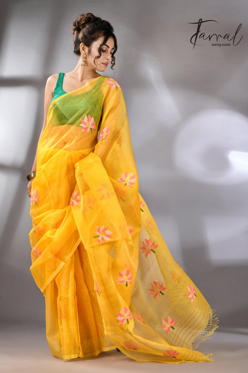 Golden Yellow with multi colour lotus motifs handwoven jamadani silk saree - Tamal Boutique