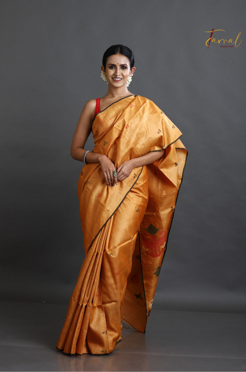 Golden Yellow with black border pure tusser silk handwoven jamdani saree - Tamal Boutique